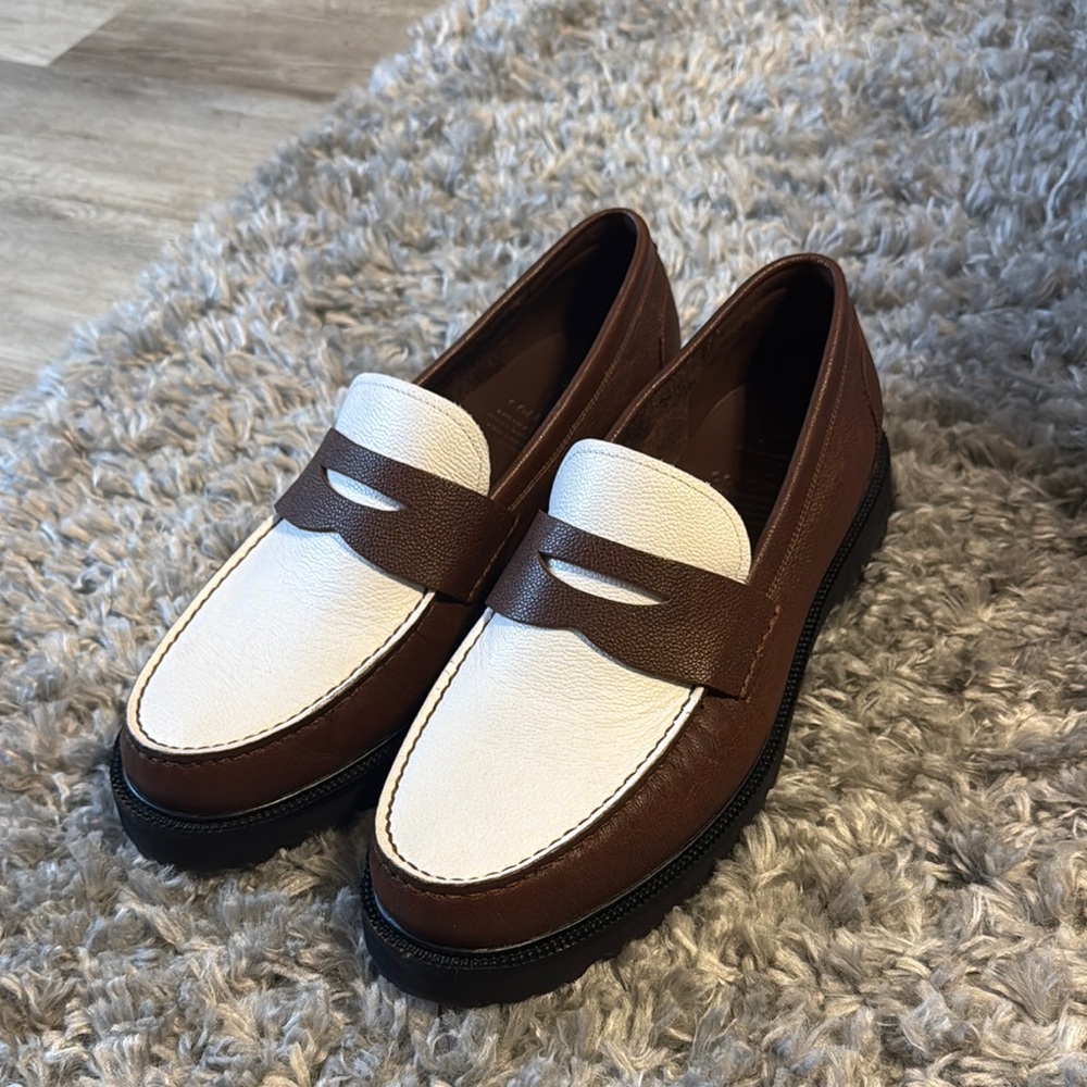 Cole Haan Brown and White Penny Loafers